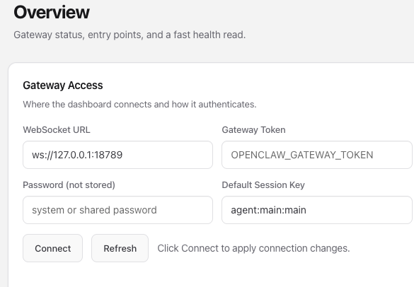OpenClaw Control UI Settings 화면 - WebSocket URL과 Gateway Token 입력란